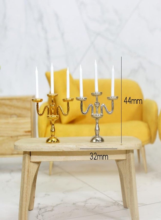 Jizlan Gold 1/12 Miniature Candlestick Candelabra with Candles Dollhouse Accessories, 3-arms - Image 2